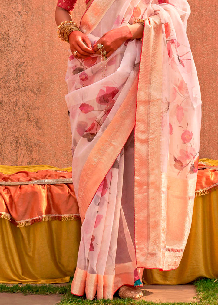 Lace Pink Floral Printed Organza Silk Saree