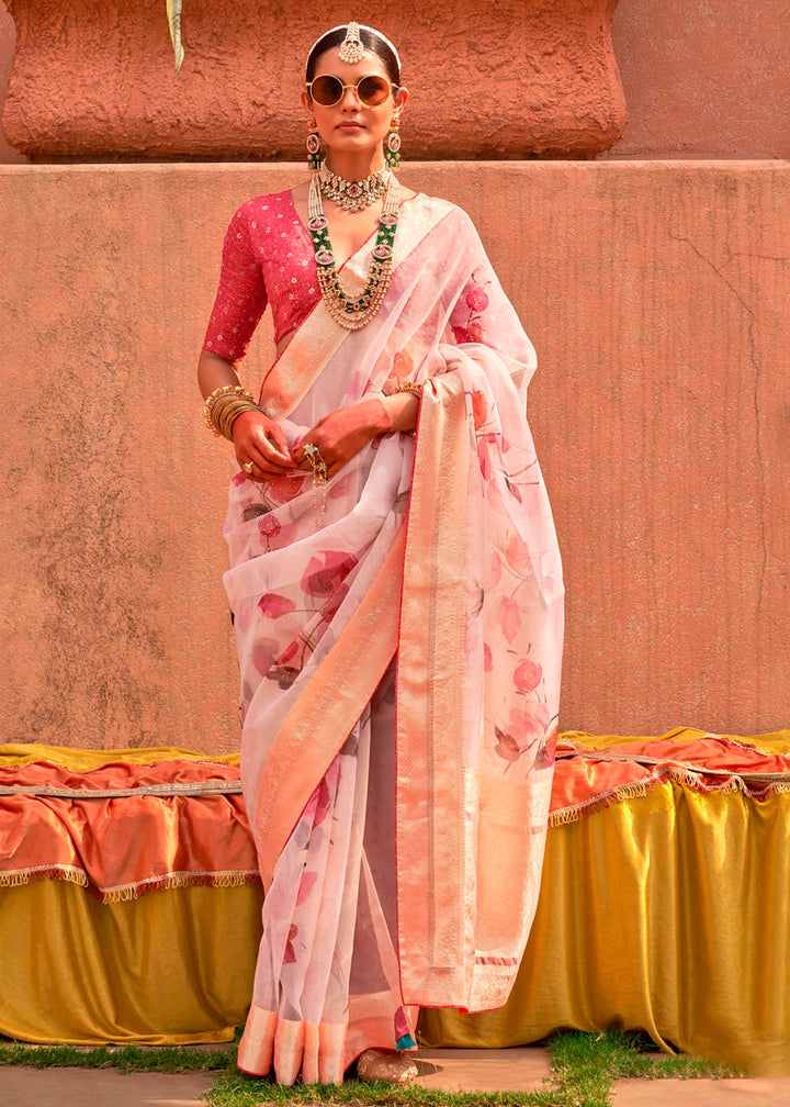 Lace Pink Floral Printed Organza Silk Saree