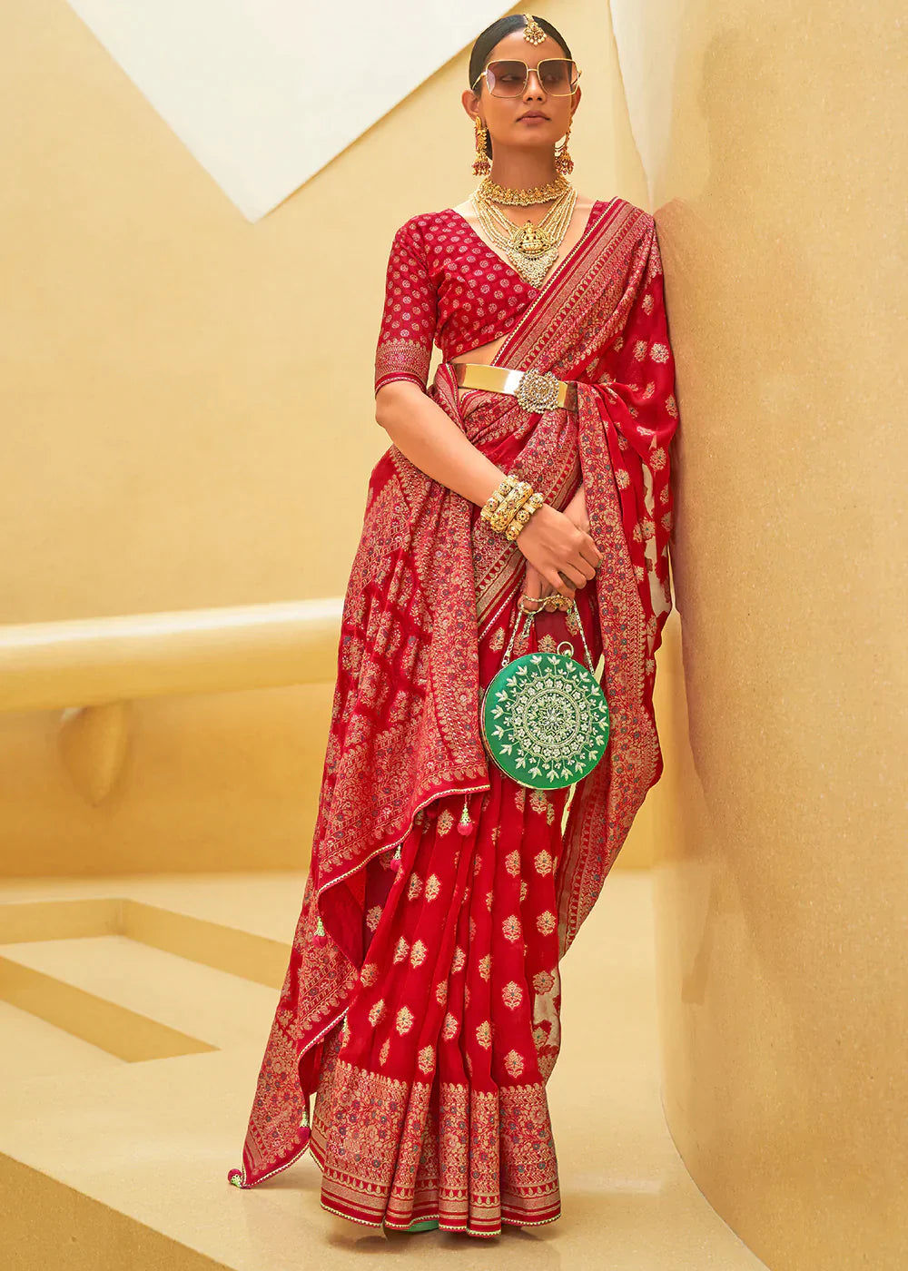 Free Speech Red Zari Woven Brasso Organza Silk Saree