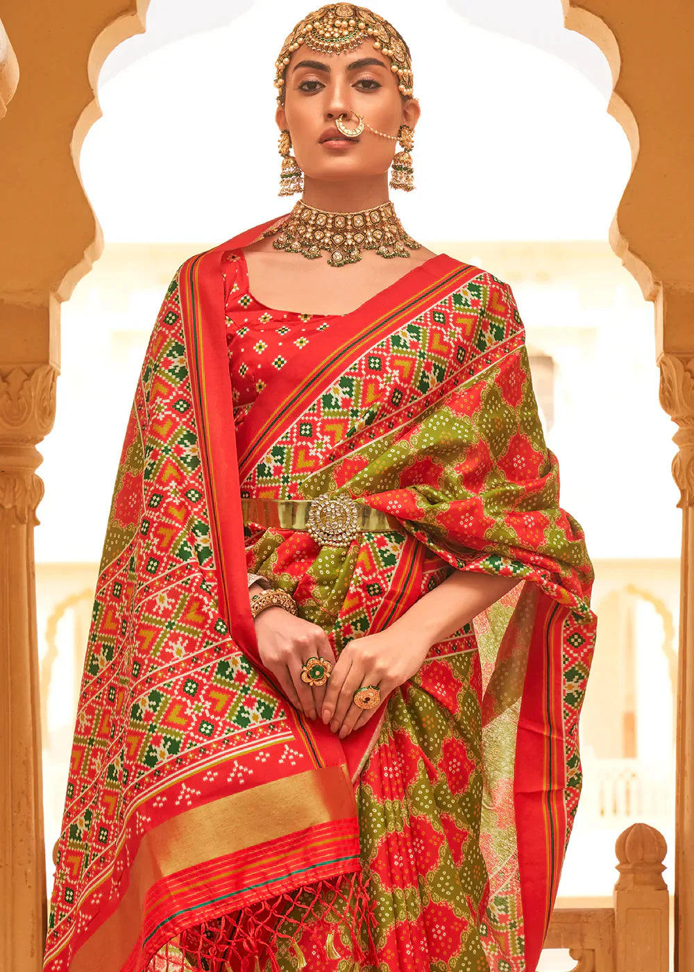 Red & Green Printed Patola Tussar Silk Saree