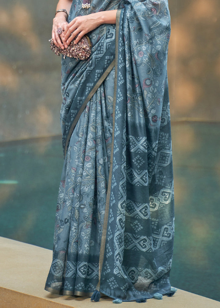 Steel Blue Floral Printed Chanderi Cotton Saree