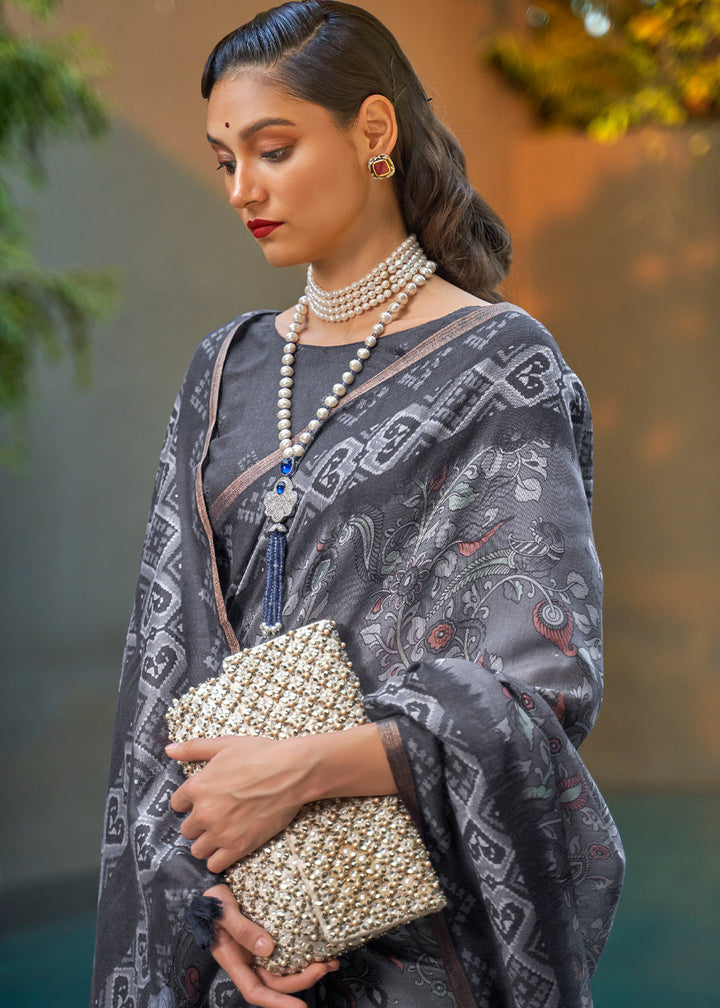 Shades Of Grey Floral Printed Chanderi Cotton Saree