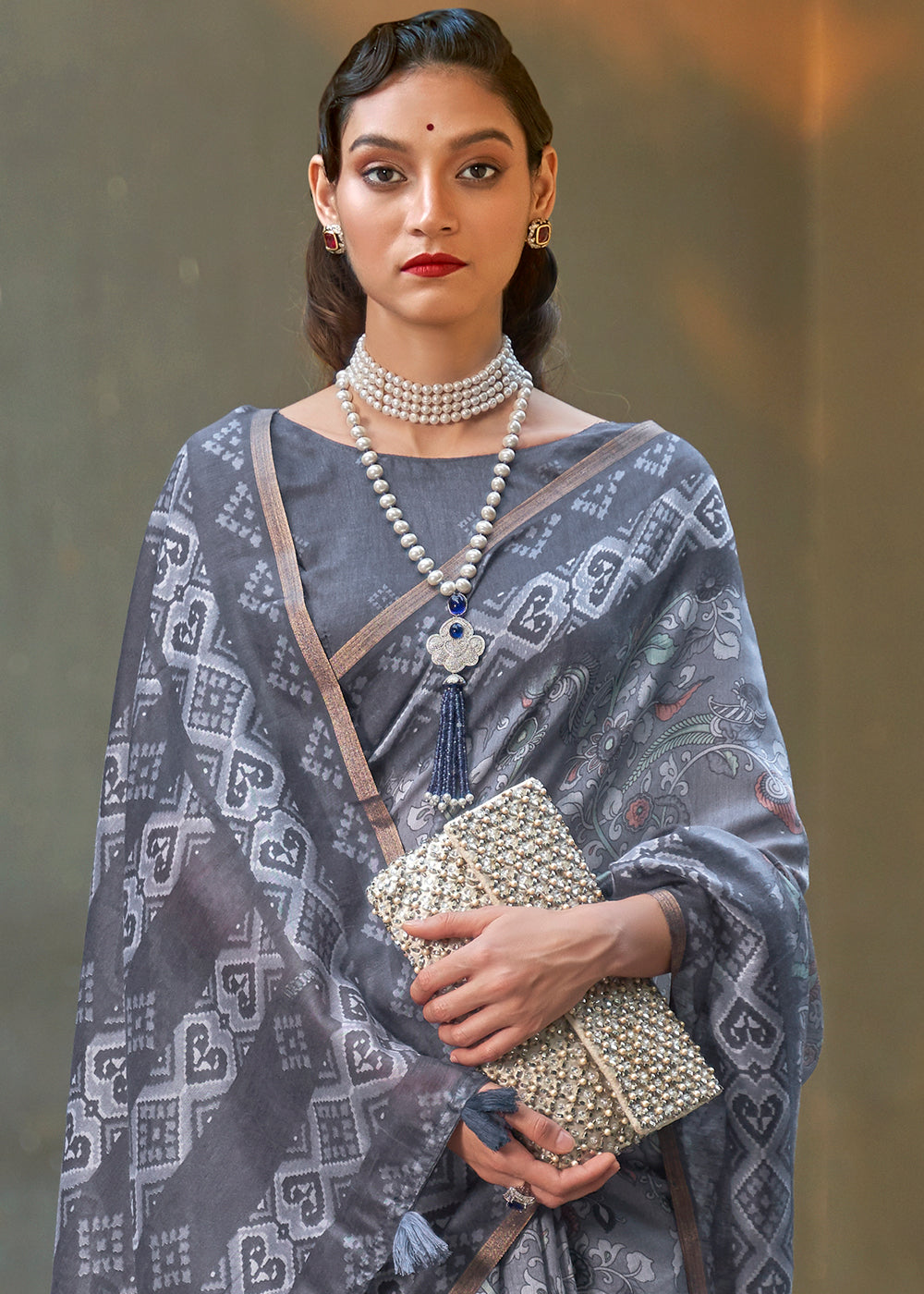 Shades Of Grey Floral Printed Chanderi Cotton Saree