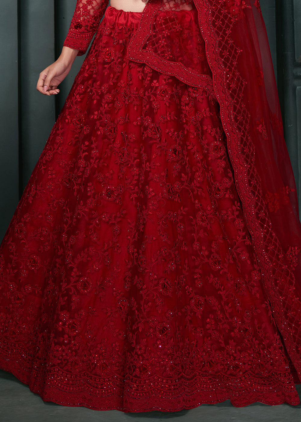Dark Crimson Red Net Lehenga Choli Beautifully Embroidered with Thread, Badla work & all Over Embellishments Stone work