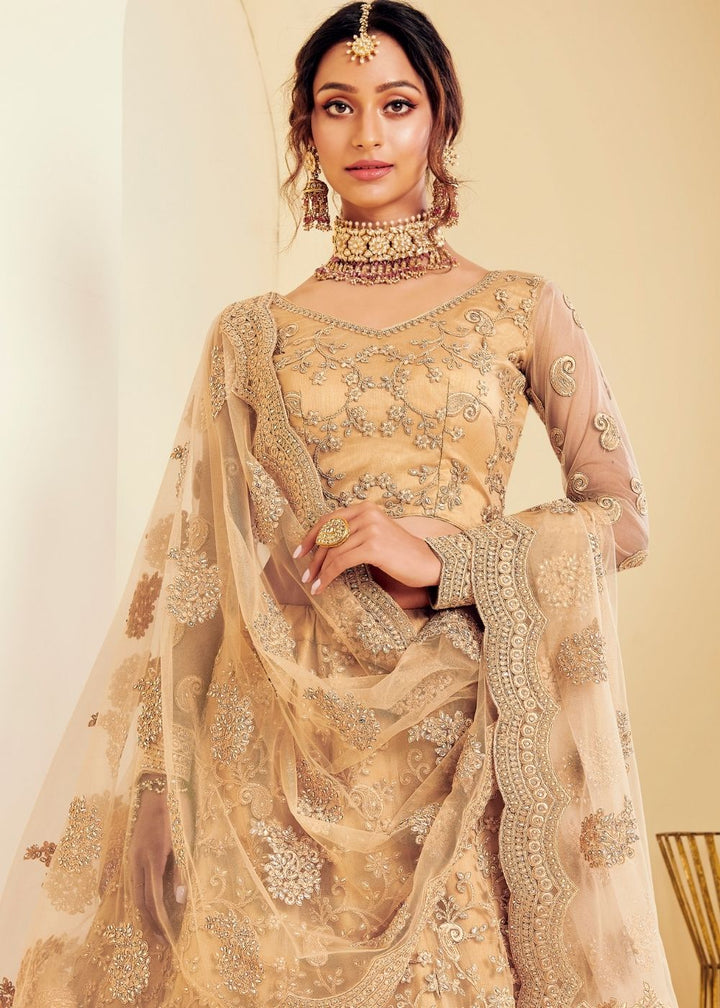 Golden Brown Soft Net Lehenga Choli with Cording Embroidery & Stone work