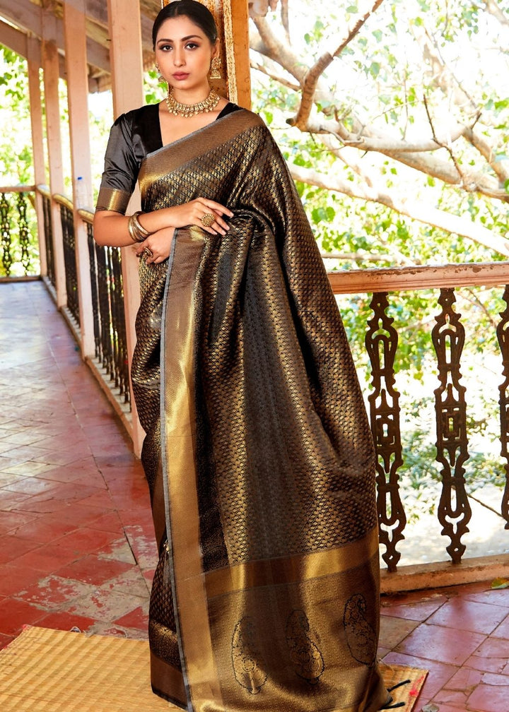 Raven Black Zari Woven Kanjivaram Silk Saree