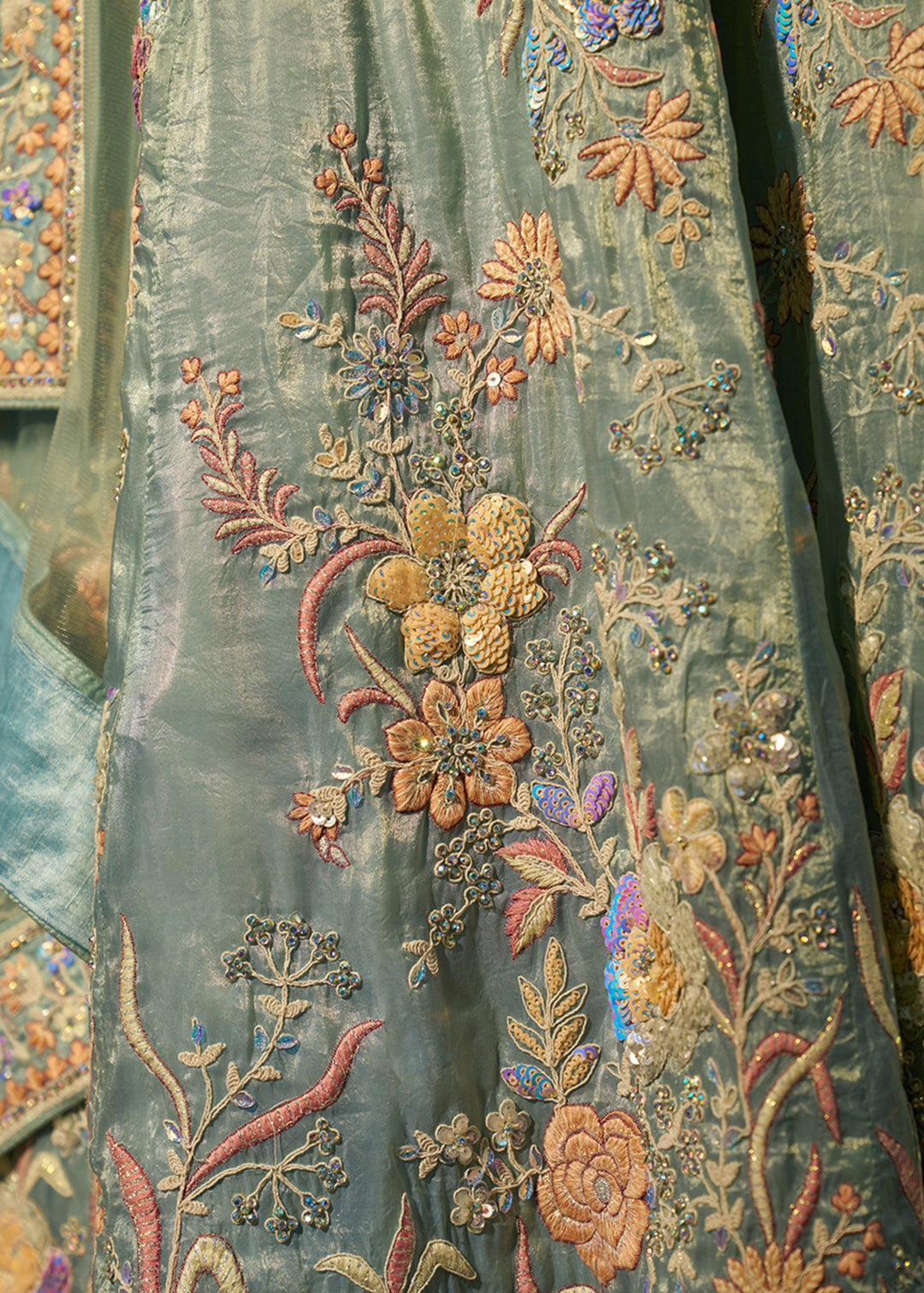 Torquise Dori Sequins Thread work Organza Lehenga