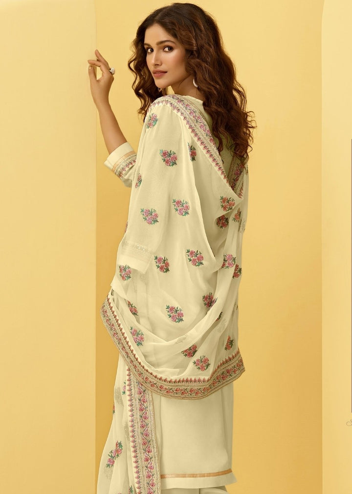 Light Yellow Georgette Salwar Suit with Thread, Zari & Cording Embroidery work