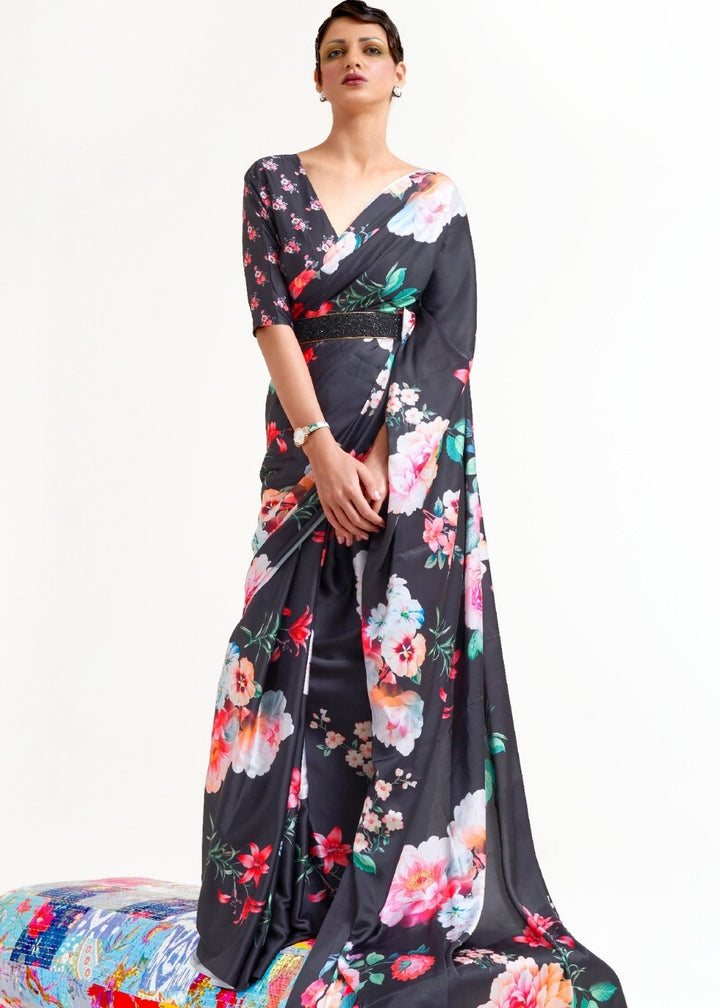 Raven Black Printed Satin Crepe Saree
