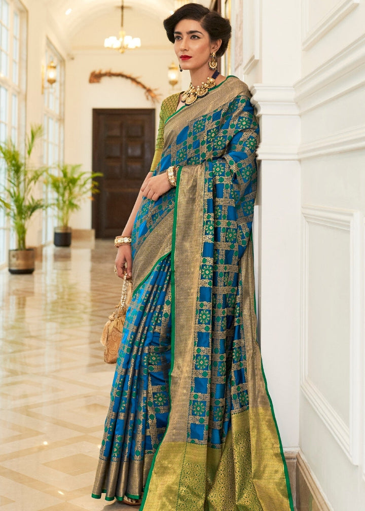 Blue Patola Silk Saree with Golden Border