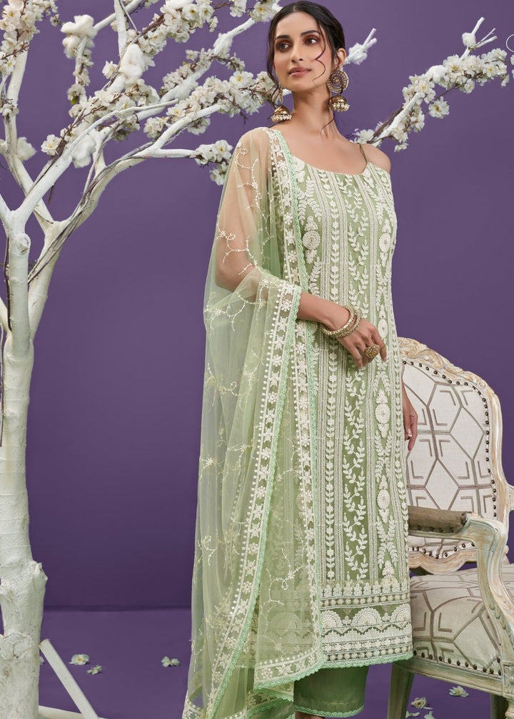 Pista Green Net Lucknowi Salwar Suit with Cotton Thread Embroidery & Sequence work