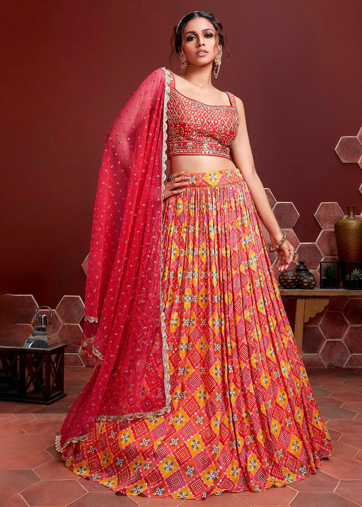 Red & Orange Printed Chinon Lehenga