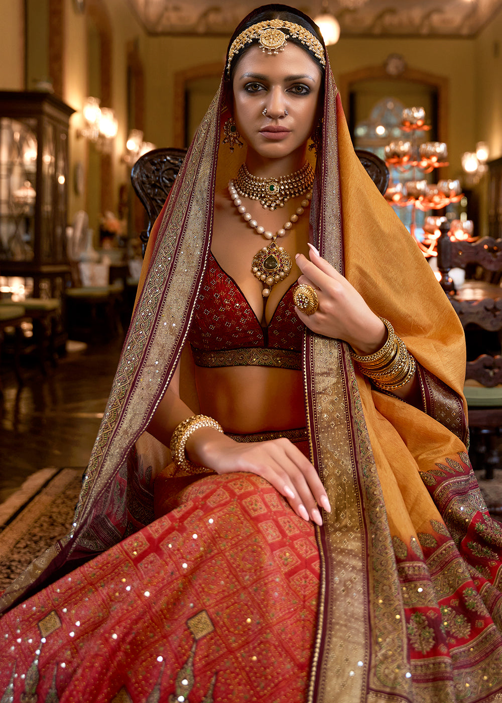 Yellow & Red Ready to Wear Designer Silk Lehenga Choli with Sparkle & Mirror work