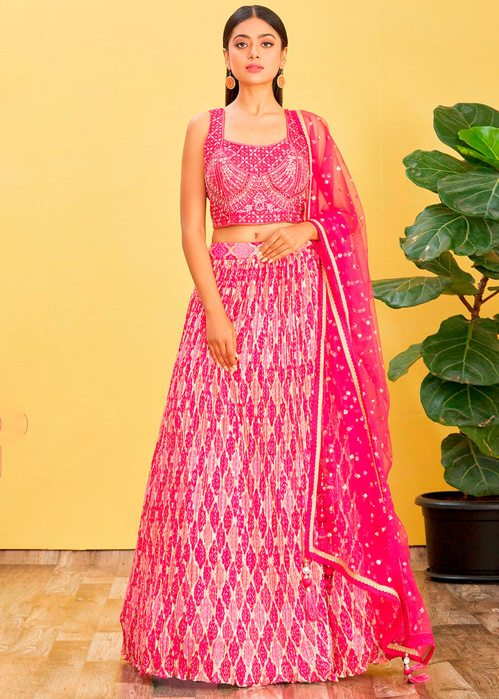 Hot Pink Digital Printed Chinnon Lehenga with Thread,Zari & Sequins Work