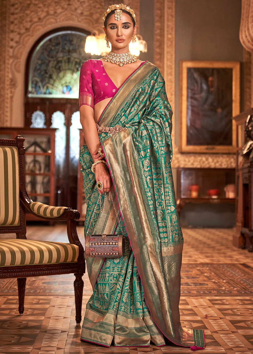 Munsell Green Zari Woven Banarasi Silk Saree