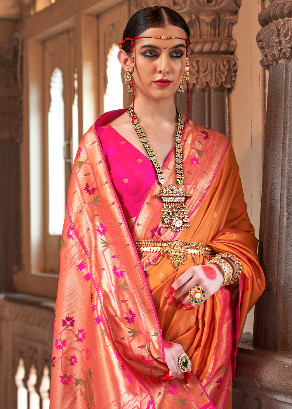 Atomic Orange Paithani Silk Saree