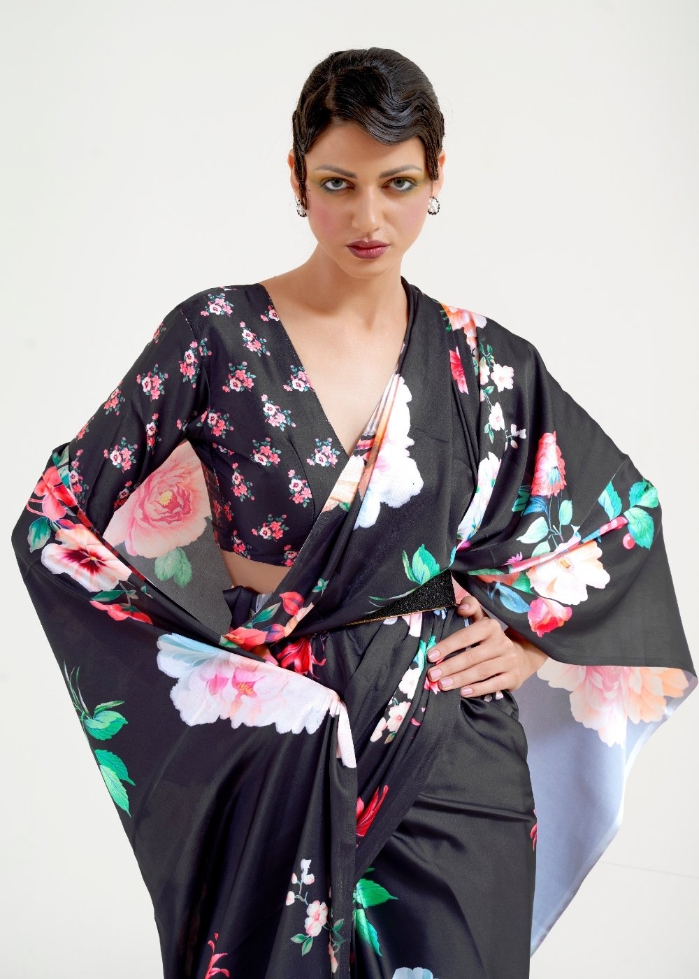Raven Black Printed Satin Crepe Saree
