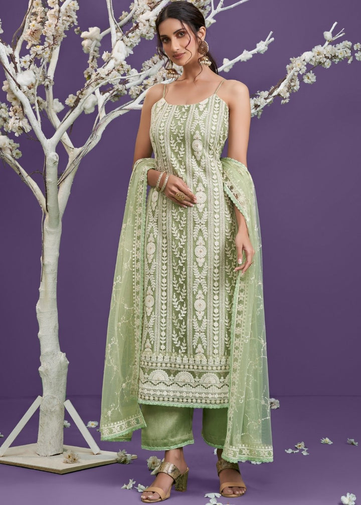 Pista Green Net Lucknowi Salwar Suit with Cotton Thread Embroidery & Sequence work