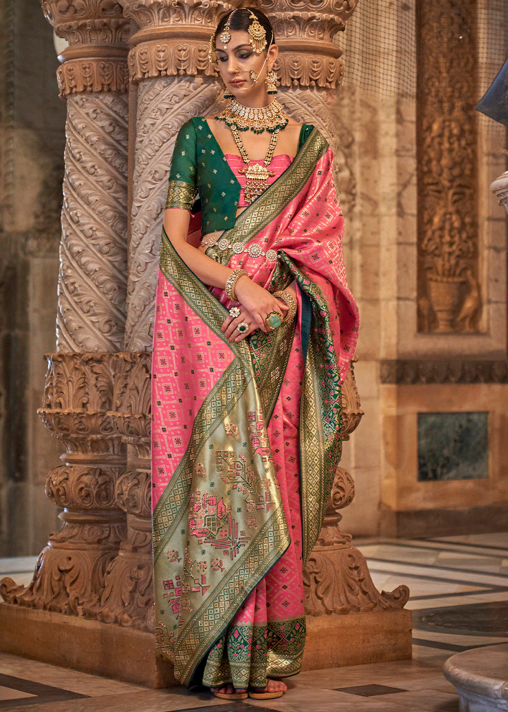Carmine Pink Banarasi Jacquard Silk Saree with Swarvoski work