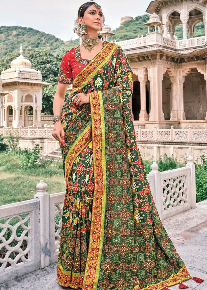 Pine Green Bandhej Patola Silk Saree with Embroidered Blouse