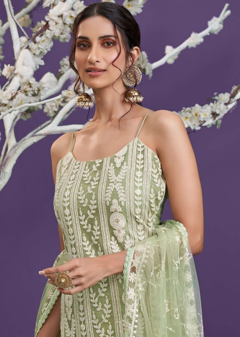 Pista Green Net Lucknowi Salwar Suit with Cotton Thread Embroidery & Sequence work