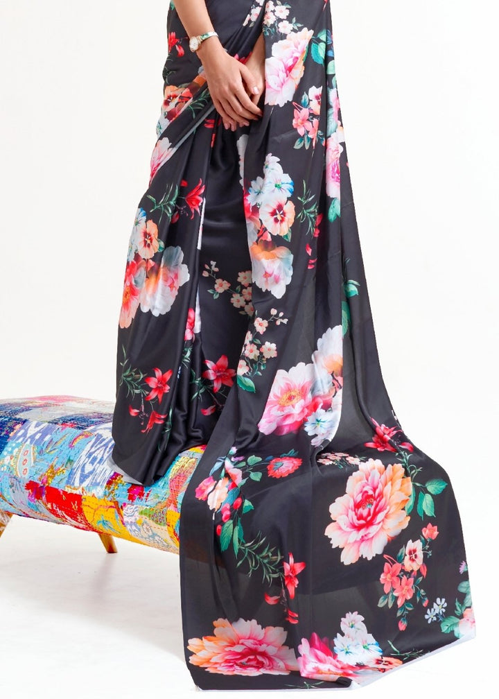Raven Black Printed Satin Crepe Saree
