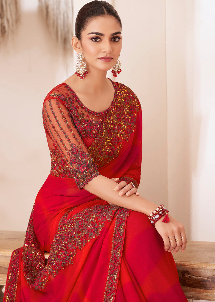 Tart Red Designer Satin Chiffon Saree
