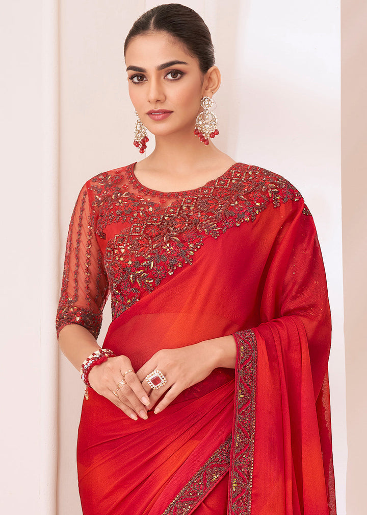 Tart Red Designer Satin Chiffon Saree