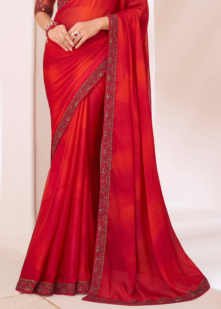 Tart Red Designer Satin Chiffon Saree
