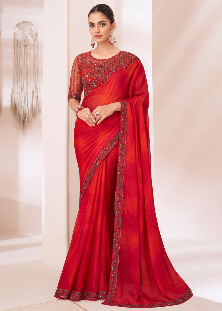 Tart Red Designer Satin Chiffon Saree