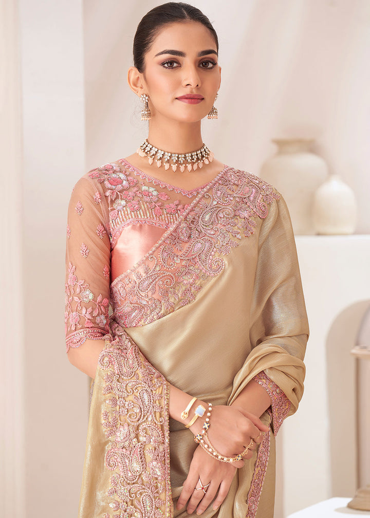 Golden Brown Designer Satin Chiffon Saree : Top Pick