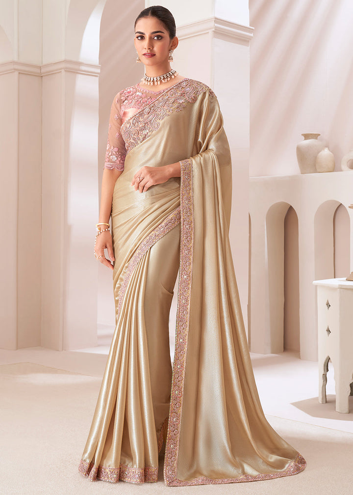 Golden Brown Designer Satin Chiffon Saree : Top Pick
