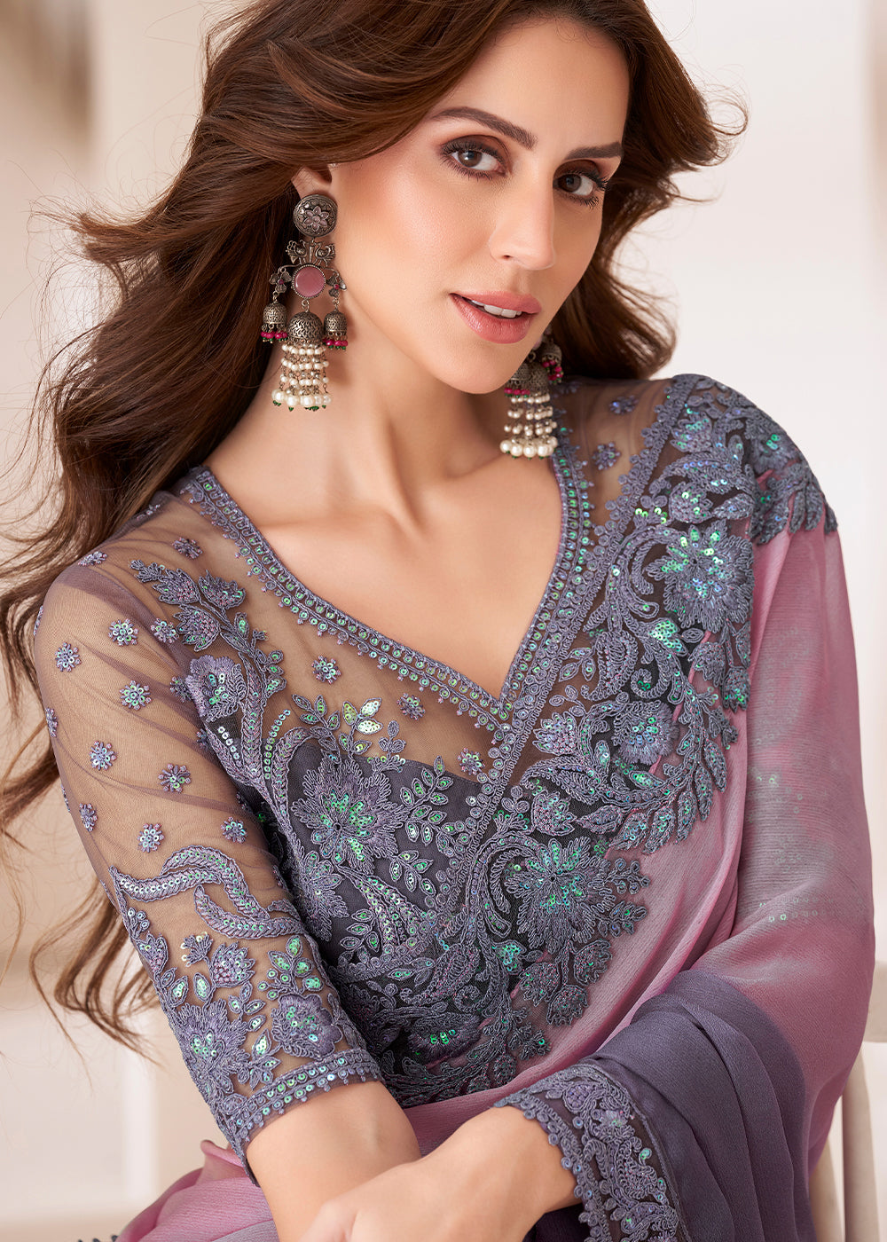 Shades Of Purple Designer Satin Chiffon Saree