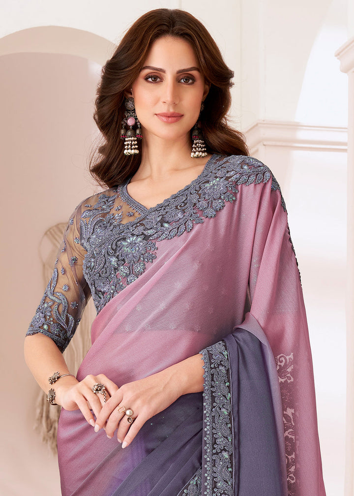 Shades Of Purple Designer Satin Chiffon Saree