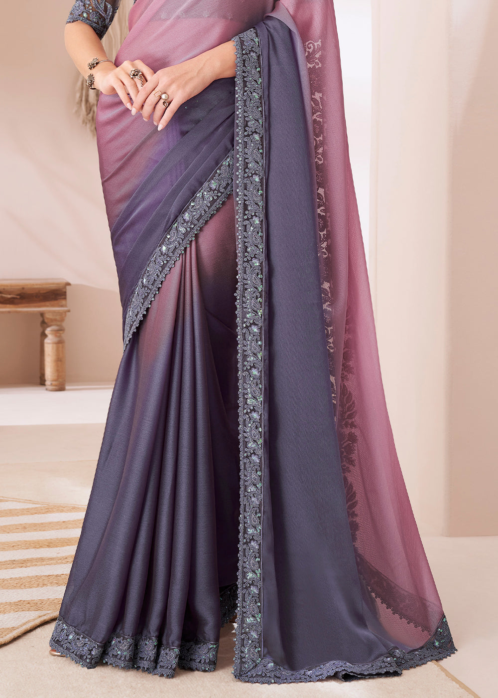 Shades Of Purple Designer Satin Chiffon Saree