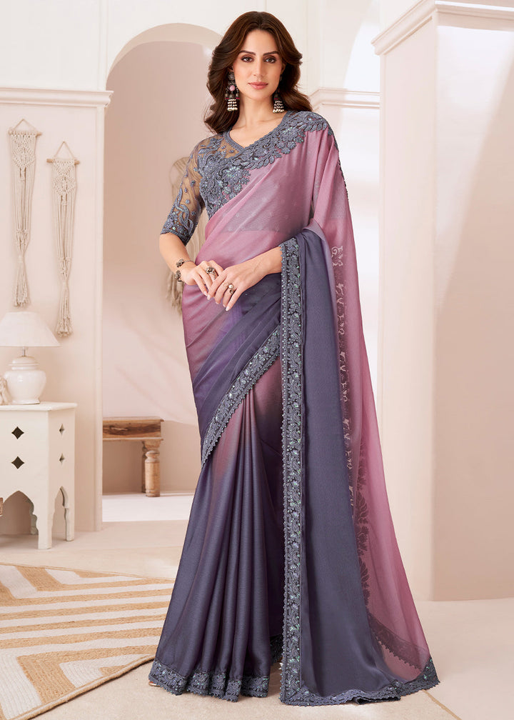 Shades Of Purple Designer Satin Chiffon Saree