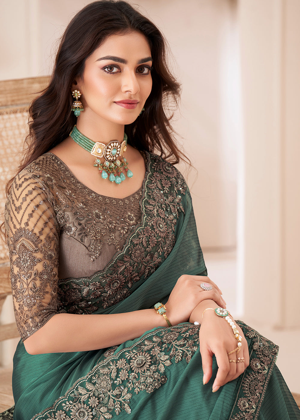 Viridian Green Designer Georgette Silk Saree