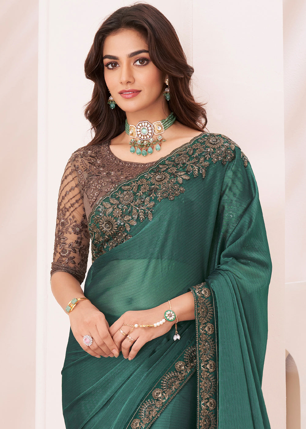 Viridian Green Designer Georgette Silk Saree