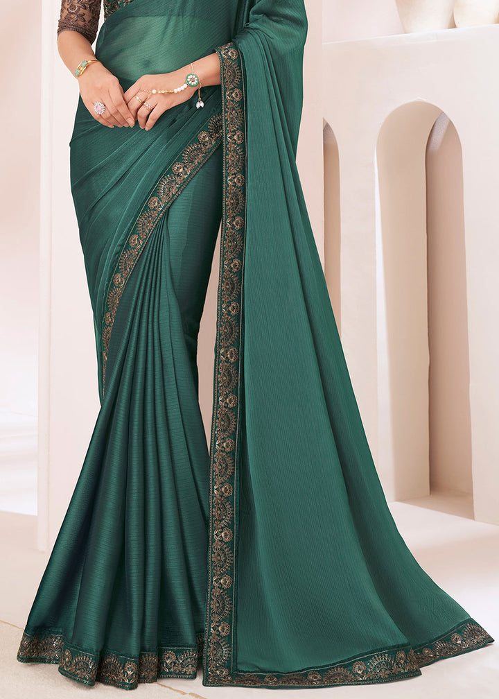 Viridian Green Designer Georgette Silk Saree