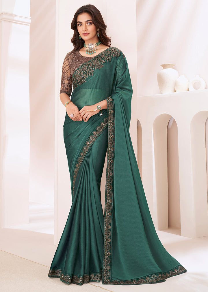 Viridian Green Designer Georgette Silk Saree