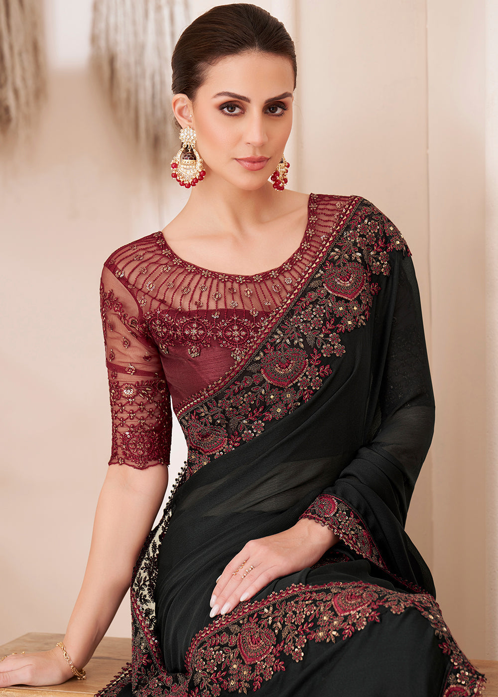 Midnight Black Designer Silk Chiffon Saree : Top Pick