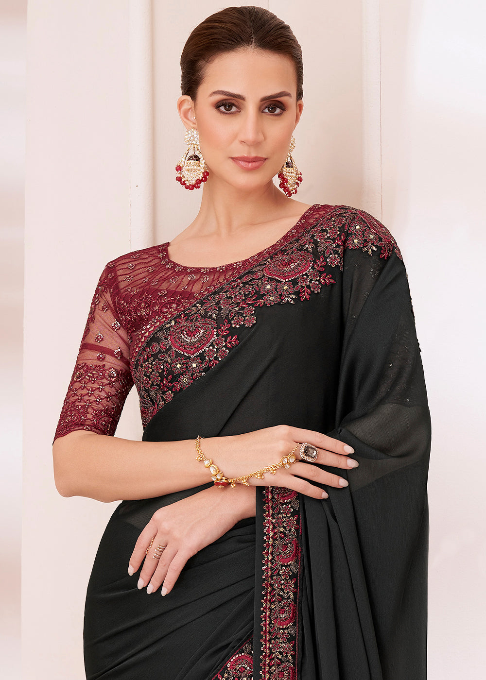 Midnight Black Designer Silk Chiffon Saree : Top Pick