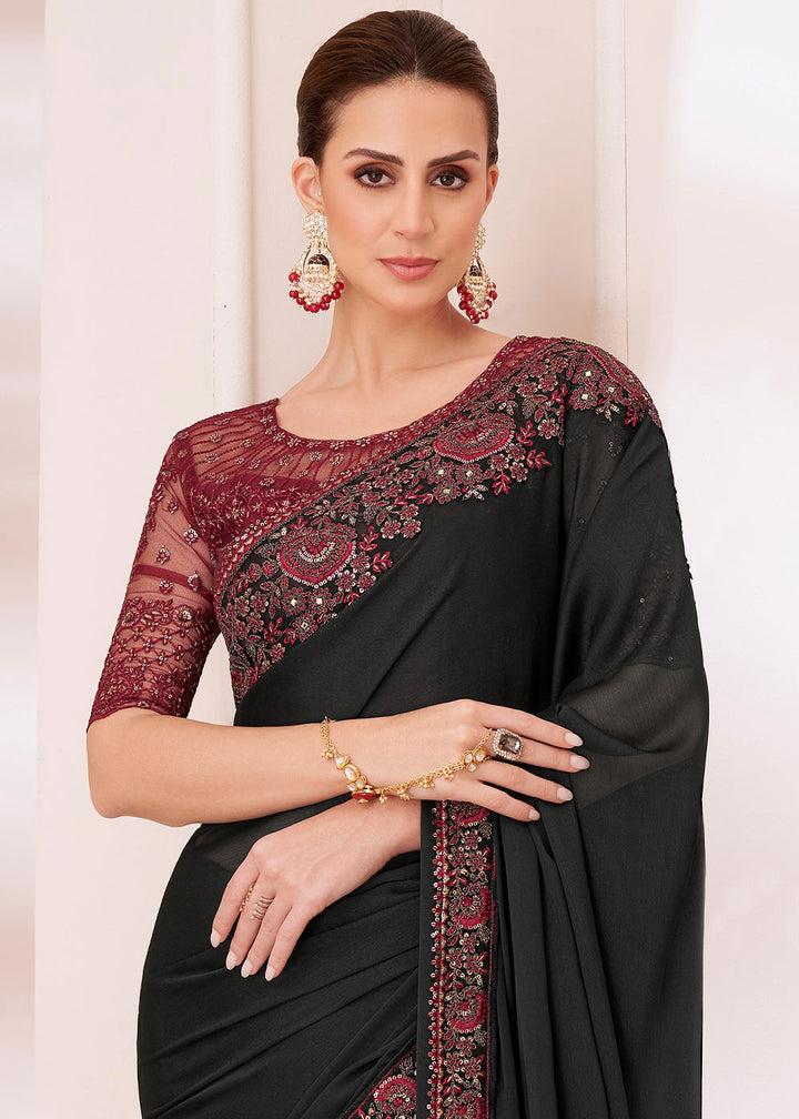Midnight Black Designer Silk Chiffon Saree : Top Pick