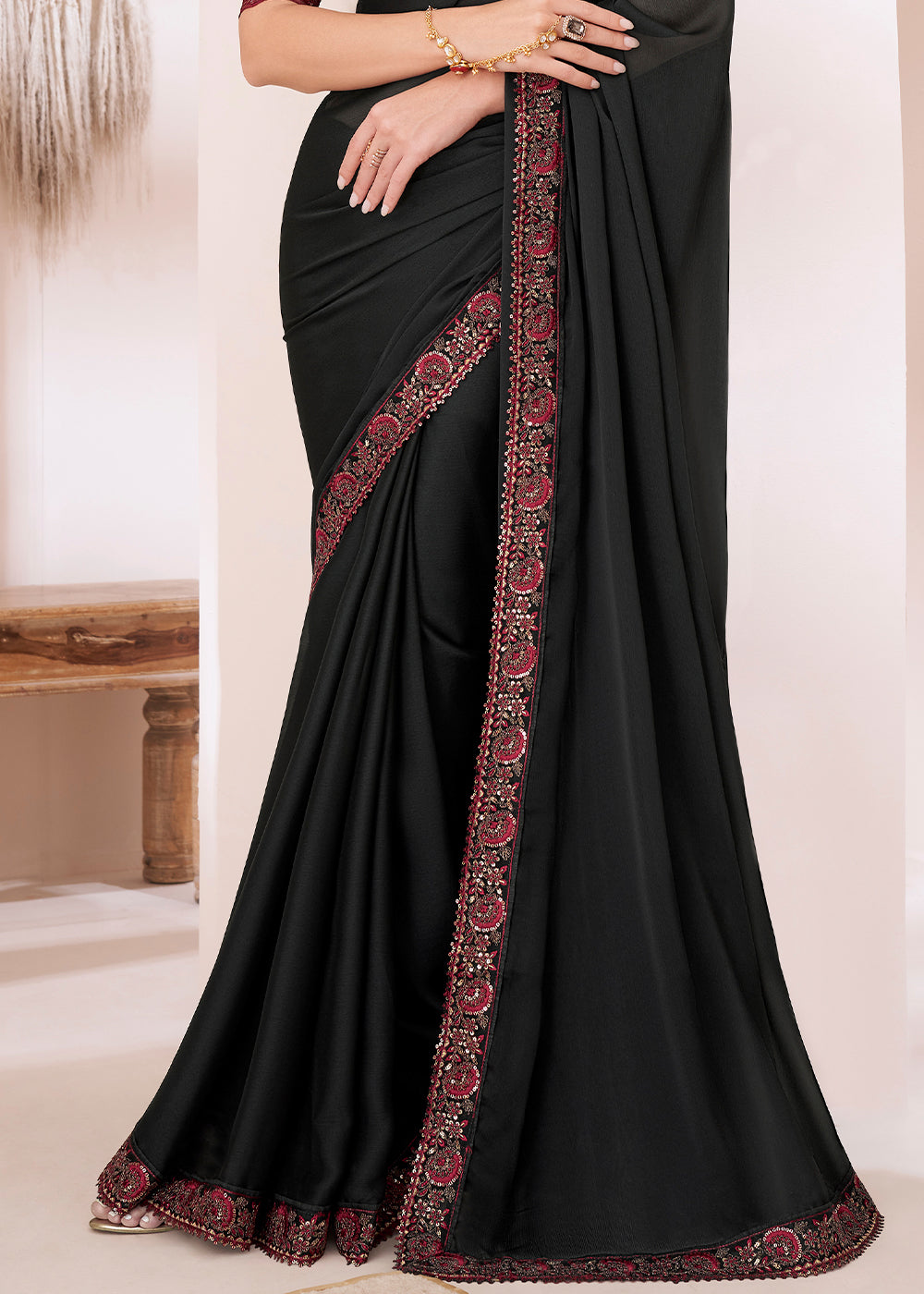 Midnight Black Designer Silk Chiffon Saree : Top Pick