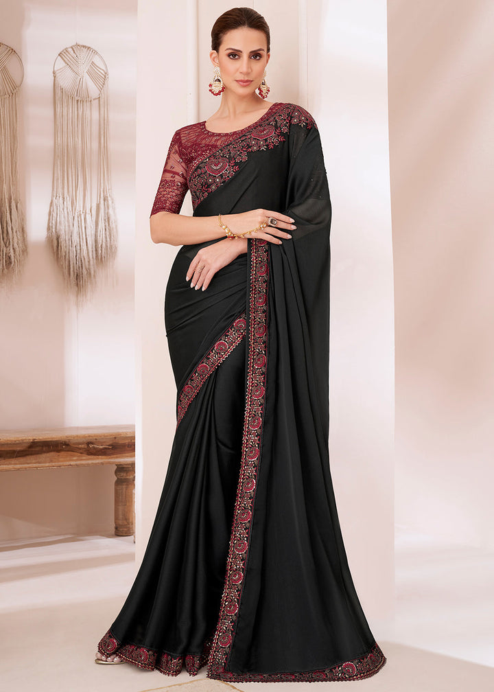 Midnight Black Designer Silk Chiffon Saree : Top Pick