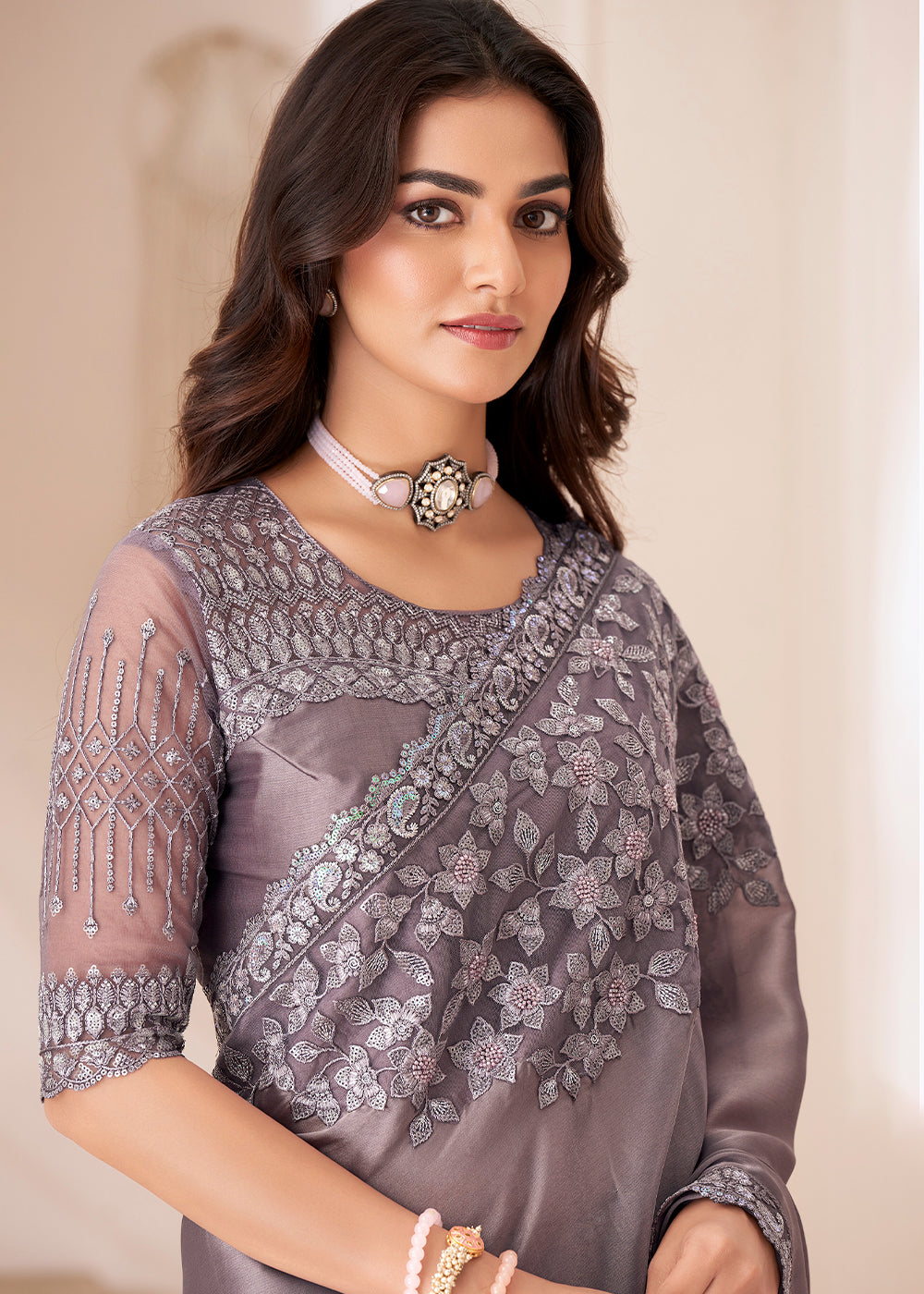 Mauve Purple Designer Satin Silk Saree