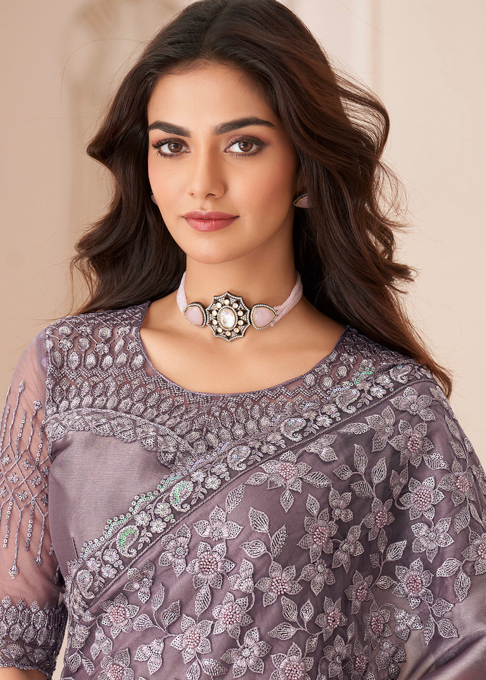 Mauve Purple Designer Satin Silk Saree