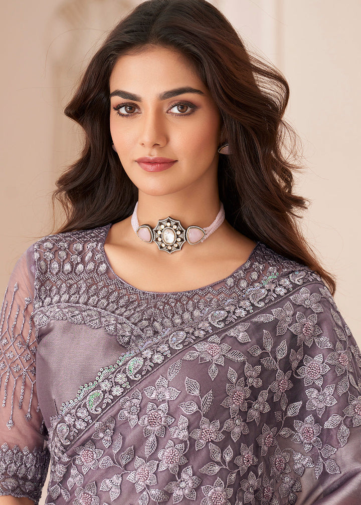 Mauve Purple Designer Satin Silk Saree