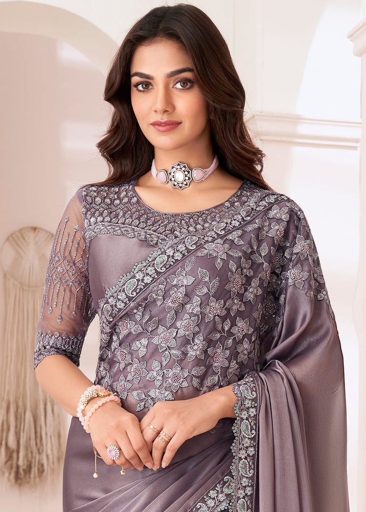 Mauve Purple Designer Satin Silk Saree