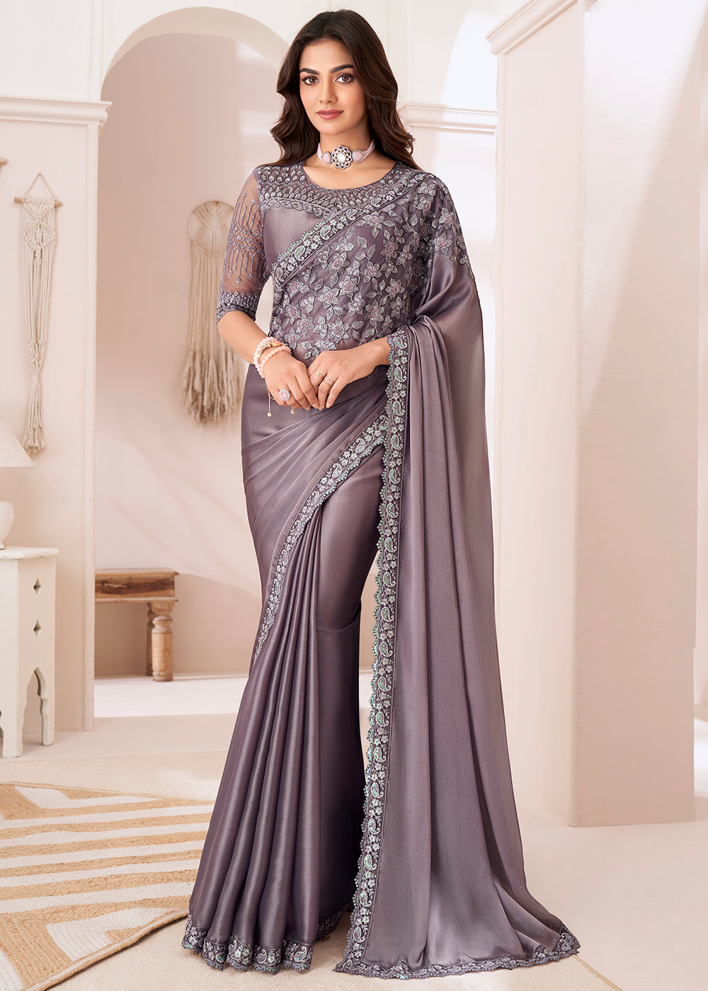 Mauve Purple Designer Satin Silk Saree